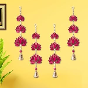 Party Propz Handmade Pink Lotus Hangings for Decoration - 4pcs, 20 Inch Each Hangings for Door Entrance | 3 Tier MDF Floral Wall Hangings with Decorative Bell | Door Hanging | Mandir Decoration Items