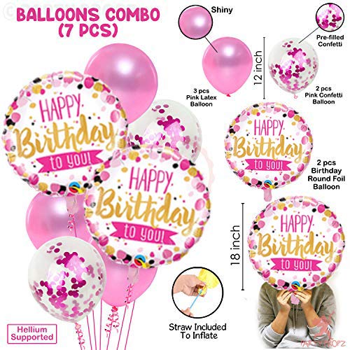 Party Propz Birthday Balloons for Decoration - 7 Pcs Confetti Balloons | Happy Birthday Balloons for Girls| Foil Balloons for Birthday | Pink Balloons for Birthday Decoration | Pink Latex Balloons