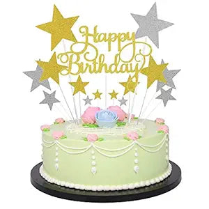 Party Propz Happy Birthday Cake Topper - Pack of 14Pcs | Golden Silver Glitter | Stars Cupcake Toppers for Kids Boy's Girls Adults | Birthday Decorations Items | Cake accessories, Cards, Tags