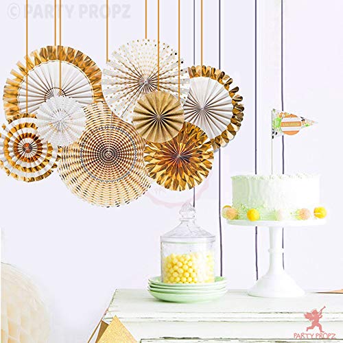 Party Propz Paper Fans Decoration Set- 8 Pcs Pack | Golden Paper Fans | Decorative Items For Party | Flower Hanging Fan | Paper Fan For Craft Golden | Anniversary, Wedding, Birthday Decoration Items