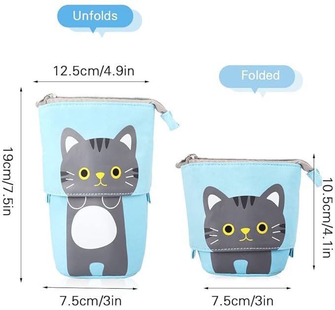 Party Propz Cute Cat Pencil Pouch for Boys -Blue Telescopic Stationery Pouch for Girls | Aesthetic Pencil Case for College Students | School Pouch for Boys Stylish Korean Bag | Japanese Stationery