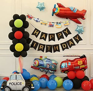 Party Propz Birthday Decoration Boys Multicolor Happy Birthday Paper Bunting Transport Vehicles Foil Balloons Plane Train Police Fire Truck Character Bunting Balloons for Kids Boys Birthday -Set of 59