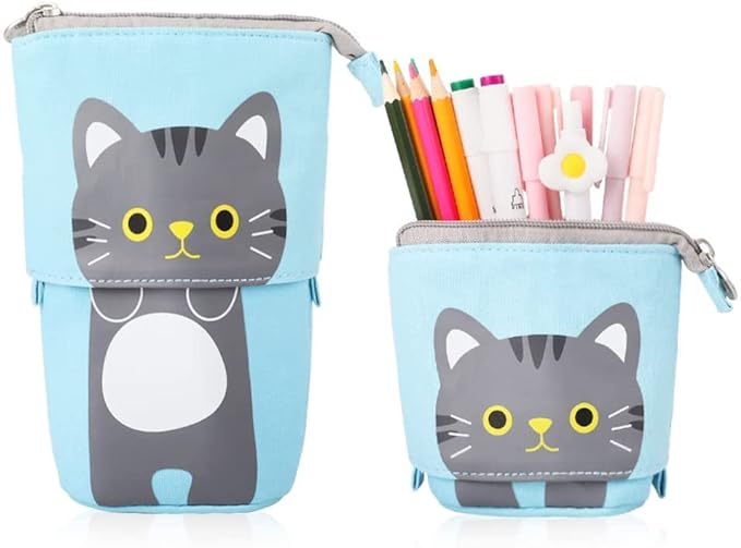 Party Propz Cute Cat Pencil Pouch for Boys -Blue Telescopic Stationery Pouch for Girls | Aesthetic Pencil Case for College Students | School Pouch for Boys Stylish Korean Bag | Japanese Stationery