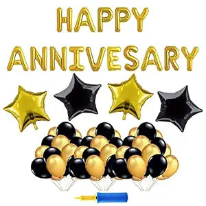 Party Propz 56Pcs Happy Anniversary Foil Banner (cardstock) with Balloons and Foil Star with Air Pump for Anniversary Decoration Item Combo