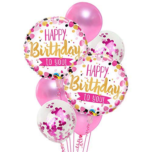 Party Propz Birthday Balloons for Decoration - 7 Pcs Confetti Balloons | Happy Birthday Balloons for Girls| Foil Balloons for Birthday | Pink Balloons for Birthday Decoration | Pink Latex Balloons