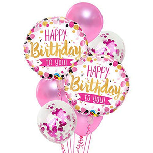 Party Propz Birthday Balloons for Decoration - 7 Pcs Confetti Balloons | Happy Birthday Balloons for Girls| Foil Balloons for Birthday | Pink Balloons for Birthday Decoration | Pink Latex Balloons