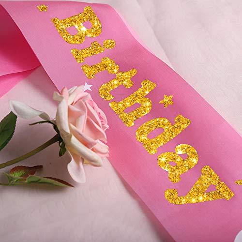 Party Propz Satin Happy Birthday Girl Satin Sash Unicorn, Princess, Mermaid Glitter Letters for Women, Girls, Adult, Baby, Mommy Bday Party for 13th, 16th, 21st, 30th, Any Age Decorations (Pink, Red)