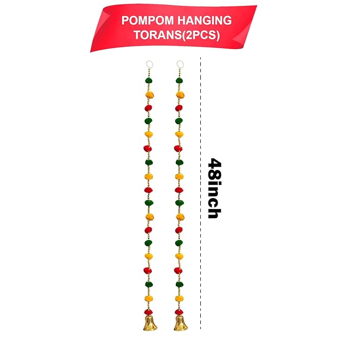 Party Propz Pom Pom Hangings for Decoration- 2Pcs Hanging Bells for Pooja Room | Traditional Decoration Items | Torans For Entrance Door | Entrance Decoration For Home | Side Hanging For Entrance Door