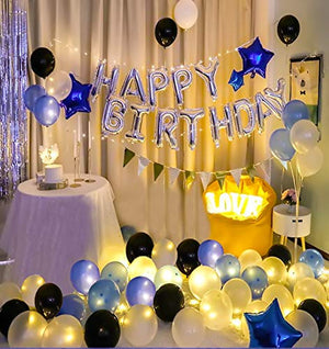 Party Propz Birthday Decoration Items - 97 Pcs Foil Happy Birthday Decoration For Boys,Girls | White, Blue Star Metallic Balloons For Decoration | Banner(cardstock) | Fairy Led Lights For Decoration