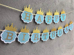 Party Propz™ Prince Glitter Blue and Gold Happy Birthday Crown Banner / Happy Birthday Banner for Boys / Birthday Banner / Happy Birthday Decoration