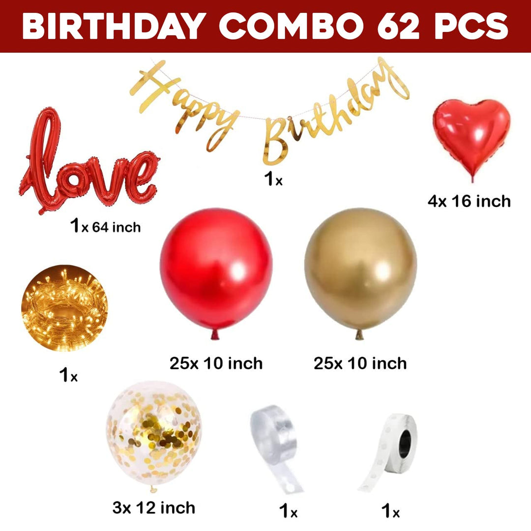 Party Propz Birthday Decoration Items-62 Pcs,Birthday Decoration Items Wife|Happy Birthday Decoration For Men,Women|Love Birthday Decoration Kit With Foil,Metallic Balloons,Lights,Tape,Glue