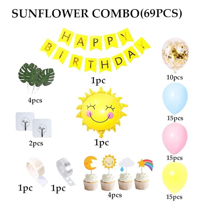 Party Propz Sunflower Theme Birthday Decorations Kit - 74Pcs Combo- 1st Birthday Decoration For Girls, 2nd Birthday Decoration Items For Girls, Half Birthday Decorations, Birthday Decoration For Kids