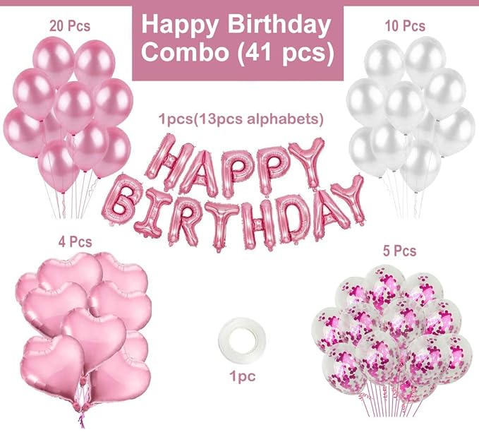 Party Propz Birthday Decoration Items For Girl, Huge 41 Pcs, Pink&White Balloons For Decoration, Pink Birthday Decoration Kit, Heart Shape Balloons For Decoration, Birthday Decoration Items For Women