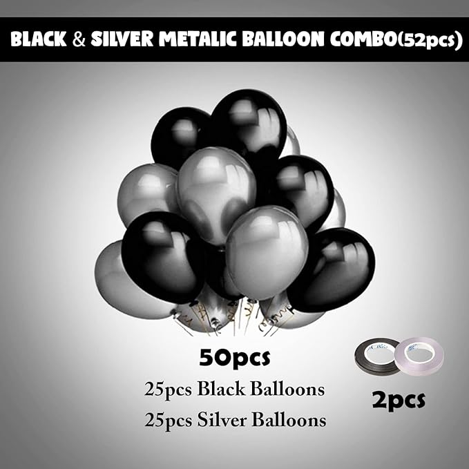 Party Propz Black Balloons for Decoration - Pack of 50 Black & Silver Metallic Balloons