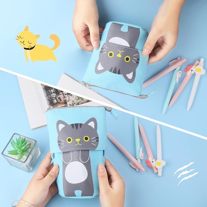 Party Propz Cute Cat Pencil Pouch for Boys -Blue Telescopic Stationery Pouch for Girls | Aesthetic Pencil Case for College Students | School Pouch for Boys Stylish Korean Bag | Japanese Stationery