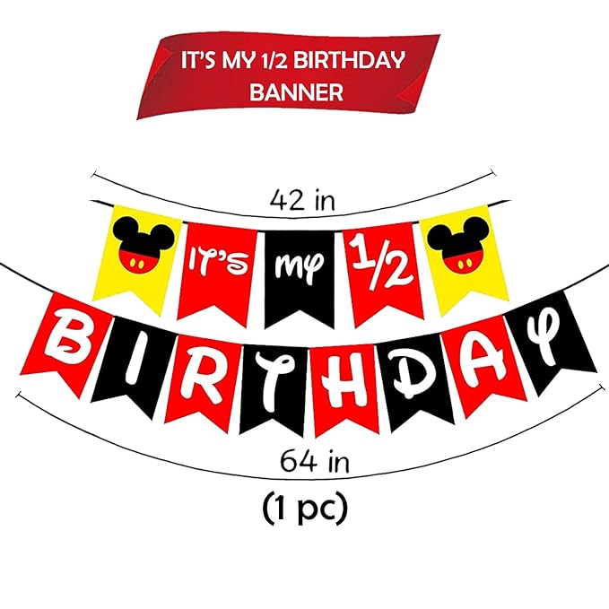 Party Propz Half Birthday Banner- Mickey Birthday Decoration Items | Its My Half Birthday Decorations | Red and Black Birthday Decoration | Happy 6 Months Birthday decorations | Happy Birthday Banner (Cardstocks)