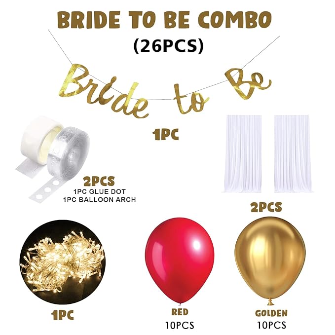 Party Propz Golden Bride To Be Decoration Set Combo - 26Pcs White Net Curtains, Foil Banner (cardstock), Balloons, Led Fairy Light, Glue Dot, Arch | Bachelorette Party Decorations