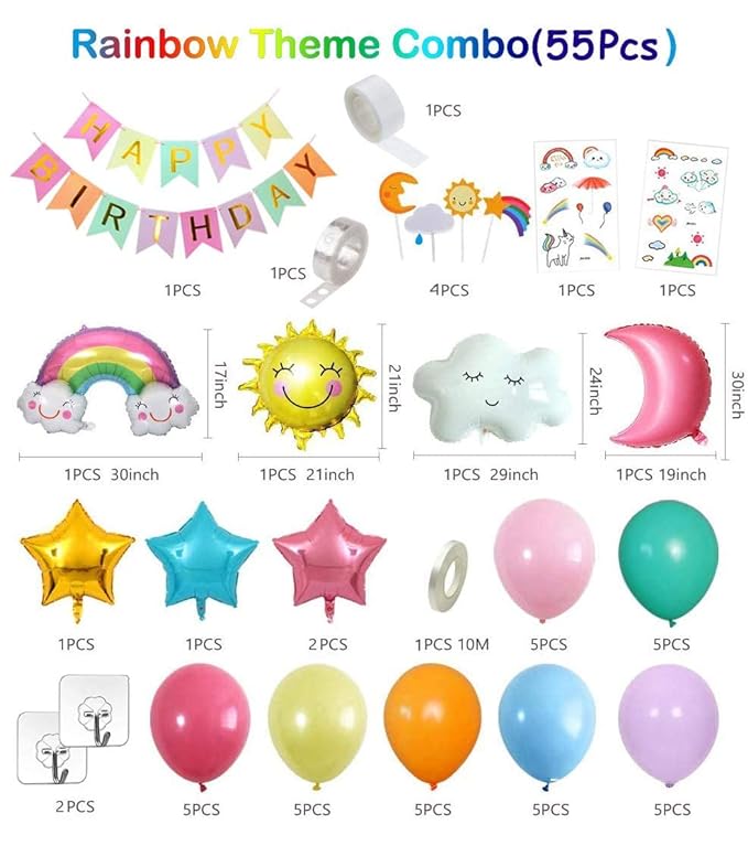 Party Propz Multicolor Happy Birthday Decorations Combo - 55Pcs Set For Kids, Girls, Rainbow Theme/Unicorn Theme/1st 2nd Birthdays Decoration/Colorful Balloon Banner, cake Topper