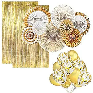 Party Propz Golden Rubber Party Decorations Kit Gold Balloons, Paper Fans, Gold Foil Curtains And Ribbon, 30pcs