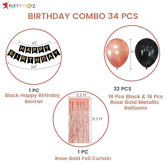 Party Propz Rose Gold Birthday Decoration Set For Birthday Decorations Party, Birthday Celebration Kit, Set For Girls Women Mom - Balloons, Banner (cardstock), Foil Curtain, Foil Balloon - 34Pcs