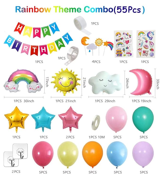 Party Propz Multicolor Rainbow Theme Happy Birthday Decorations Combo - 55 Pcs Set Boys Birthday Items,Happy Birthday Banner (Cardstock)|Rainbow Cloud Foil Balloon