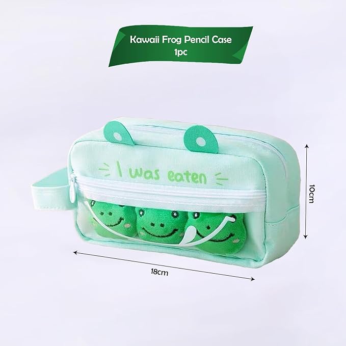 Party Propz Pencil Pouch for Girls - Pencil Pouch Return Gifts for Kids | Cute Pouch for Kids with Mini Plush Figures (Dark Green Frogs) | Cute Pouches for Girls | Pencil Case Aesthetic | Kawaii Pouch