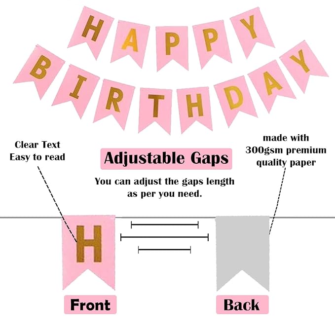 Party Propz Pink Birthday Decoration Items for Girl -25Pcs Happy Birthday Decoration | White Net Curtain for Birthday Decoration with Lights | Paper Fan Decoration Set| Happy Birthday Banner for Girls