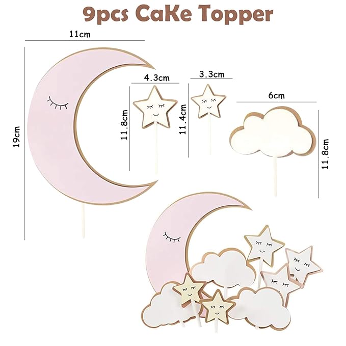 Party Propz Cloud And Moon Birthday Cake Topper -9pcs Pink, Cake Toppers Item Kit For Girls Kids, Half, 1st | Cake Toppers For Cake Decoration | Cake Toppers Birthday For Girls | Cake Decoration Items