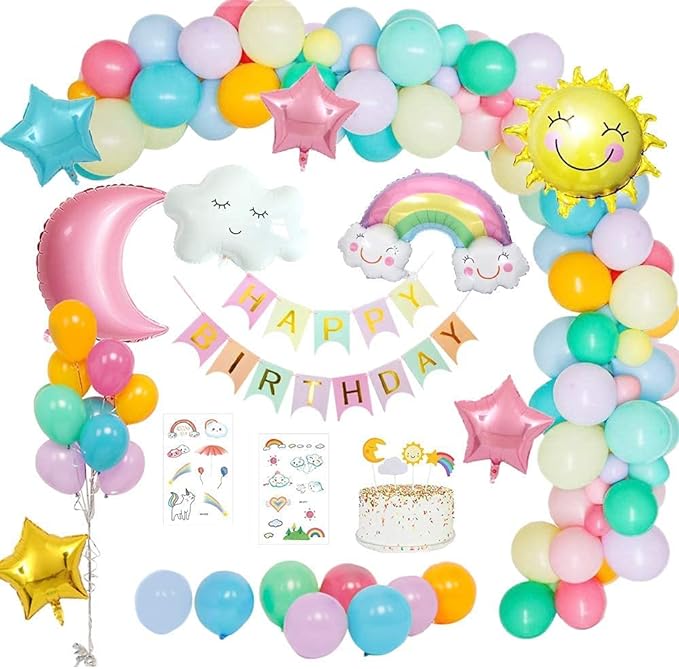 Party Propz Multicolor Happy Birthday Decorations Combo - 55Pcs Set For Kids, Girls, Rainbow Theme/Unicorn Theme/1st 2nd Birthdays Decoration/Colorful Balloon Banner, cake Topper