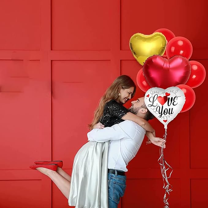 Party Propz Heart Shape Balloons - 11pcs Heart Balloons For Decoration | Red Balloons For Decoration | Romantic Decoration Items | Gold Balloons For Decoration | Anniversary Decoration Items