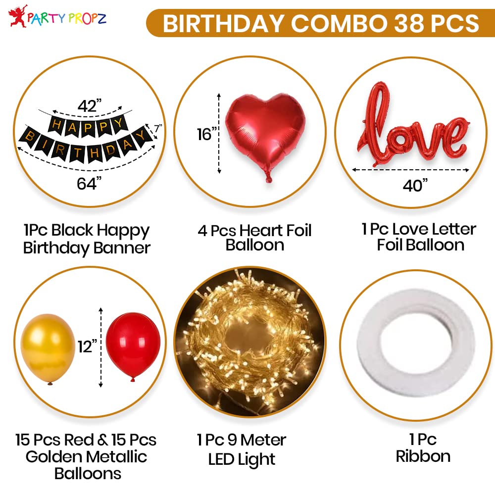 Party Propz Birthday Decoration Items-38 Pcs,Birthday Decoration Items For Husband,Wife|Happy Birthday Decoration For Men,Women|Love Birthday Decoration Kit With Foil,Metallic Balloons,Light,Glue Dot