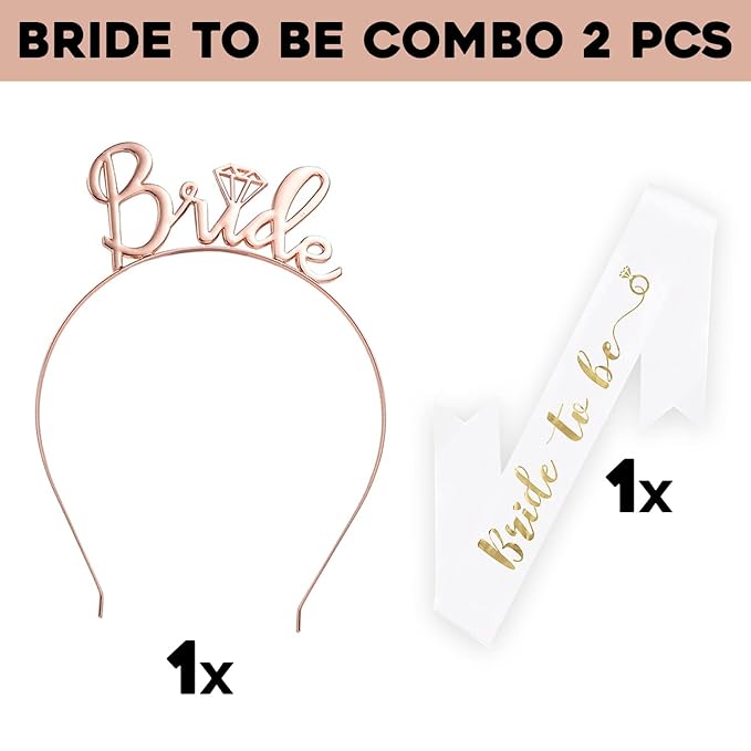 Party Propz Bride To Be Sash And Crown - Pack Of 2 Pc Rose Gold Bride To Be Decoration Set Combo | Bachelorette Party Decorations | Bridal Shower Decorations Kit | Bridal Shower Decorations