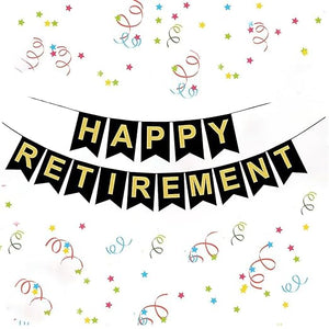 Party Propz Happy Retirement Banner - Happy Retirement Decoration/Black And Gold Retirement Banner/Retirement Party Decorations/Happy Farewell Decoration Items