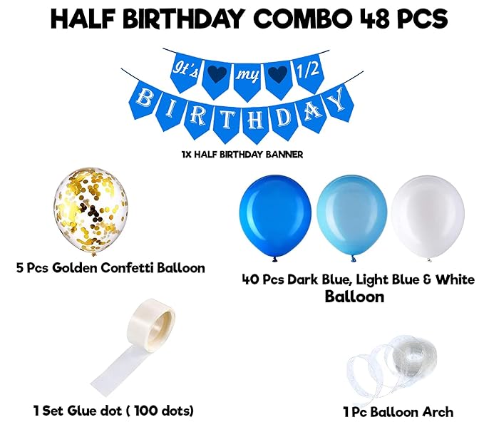 Party Propz Half Birthday Decorations For Baby Boy Combo- 48Pcs Items Set For 6 Months Birthday Decorations For Girl - 1/2 Birthday Decorations For Girls - Half Bday Banner (cardstock), Balloons, Foil