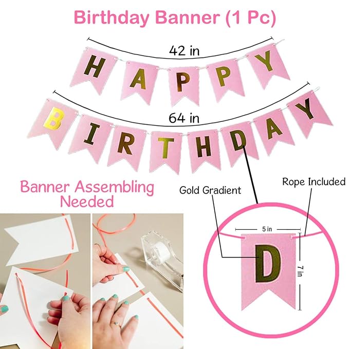 Party Propz Birthday Decoration Kit for Girls - 34Pcs Pink, White Golden Metallic Birthday balloons for Girls Decoration, Golden Foil Curtain