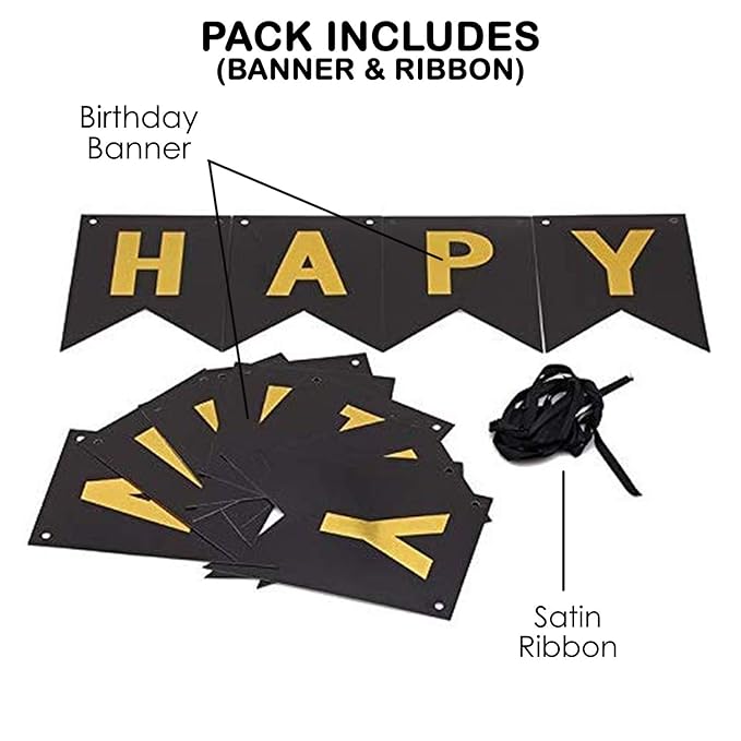 Party Propz Black and Gold Happy Birthday Banner Decoration For Boys, Girls, Boyfriend, Girlfriend, Husband,Kids Bday Celebrations,Bunting Tags,Flag Decorative Items Decor