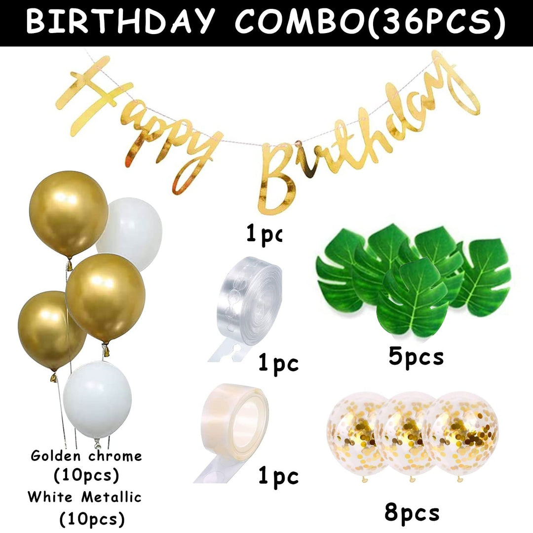 Party Propz Golden Birthday Decoration Items - 36Pcs Happy Birthday Decoration Kit With Golden Balloons & Artificial Leaves | Golden Confetti Balloons for Birthday | Happy Birthday Banner (Cardstock)