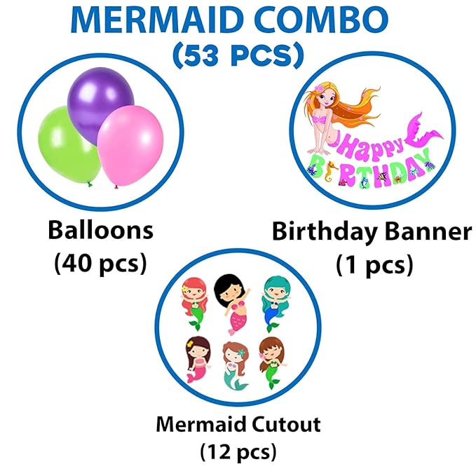 Party Propz Mermaid Birthday Party Decoration Supplies Giant Mermaid Bunting Foil Curtain Girl Birthday Party Latex Metallic Balloons Set of 53-Multicolor
