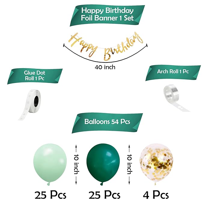 Party Propz Birthday Decoration Items for Boys - Pack of 57 Green Happy Birthday Decoration Kit | Green Birthday Decorations for Husband | Green and Gold Balloons for Birthday Decorations for Boys