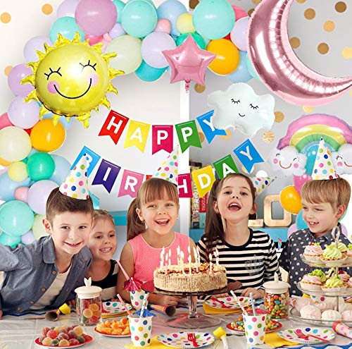 Party Propz Multicolor Rainbow Theme Happy Birthday Decorations Combo - 55 Pcs Set Boys Birthday Items,Happy Birthday Banner (Cardstock)|Rainbow Cloud Foil Balloon