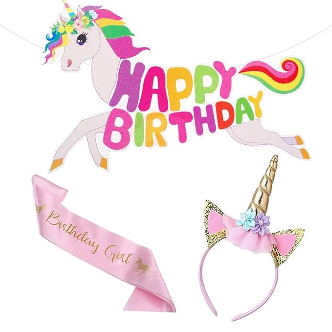 Party Propz Unicorn Birthday Girl Set - 3 Pcs Unicorn Hair Band For Girls | Unicorn Happy Birthday Banner(Cardstock) | Satin Sash For Baby Girls Birthday Unicorn Theme Decorations | Unicorn Headband