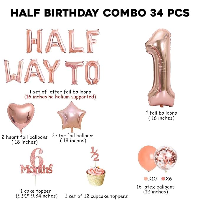 Party Propz Half Birthday Decorations For Baby Girl 6 Months-Half Way To One Foil Balloon|Cake Toppers|Balloons-6 Months Birthday Decorations For Girl/ 1/2 Birthday Decorations For Girls