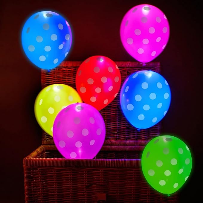 Party Propz LED Balloons For Birthday Decoration - 12 Pcs, Polka LED Balloons For Party | Glow Balloons | Birthday Decoration Items | Birthday Balloons For Decoration | Multicolor Party Balloons For Decoration