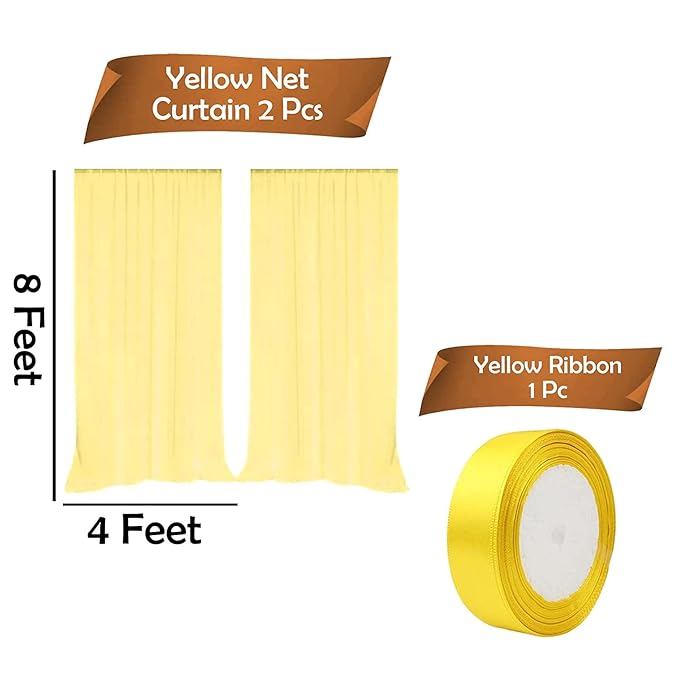 Party Propz Yellow Backdrop Cloth For Decoration - Pack of 2Pcs Yellow Net Curtain For Decoration | Haldi Decoration Items For Marriage | Net Curtain Decoration Cloth For Haldi Ceremony Decoration Kit