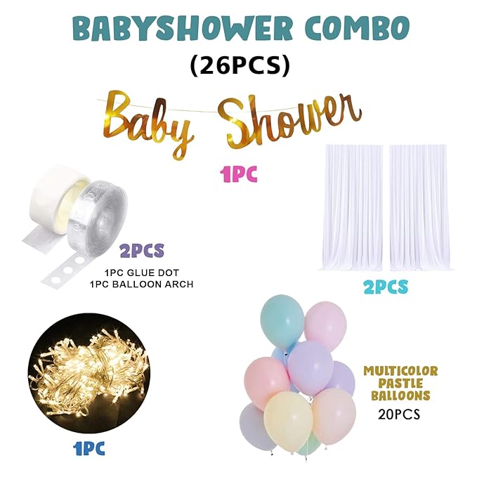 Party Propz Baby Shower Decoration Items - Set of 26 Pcs | Mom To Be Decoration | White Net Curtain With Fairy Lights | Baby Shower Party Decoration | Pastel Balloons For Baby Shower Decoration