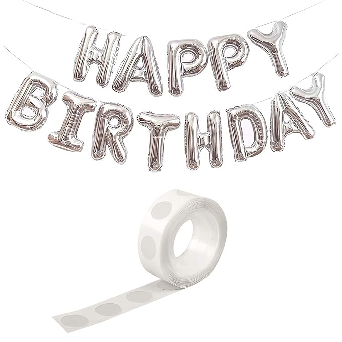 Party Propz Happy Birthday Silver Foil Balloon Decoration - 1 Set Silver Colour Alphabet Happy Birthday Balloon With Glue Dot For Kids, Men, Wife, Husband, Boys Birthday Party Decorations