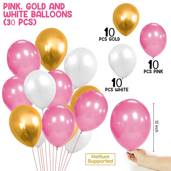 Party Propz Birthday Decoration Kit for Girls - 34Pcs Pink, White Golden Metallic Birthday balloons for Girls Decoration, Golden Foil Curtain