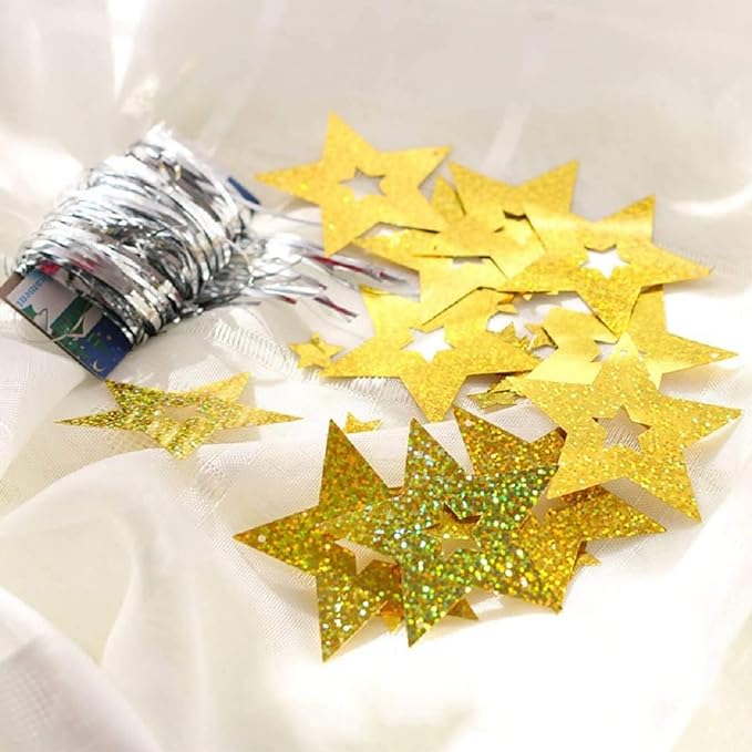 Party Propz Glitter Stars And Tinsel Curtain- Pack Of 72pcs For Ceiling Decorations | Star Hanging Decoration (Balloons Not Included) | Golden Foil Glitter Stars | Swirls for Birthday Decoration Items