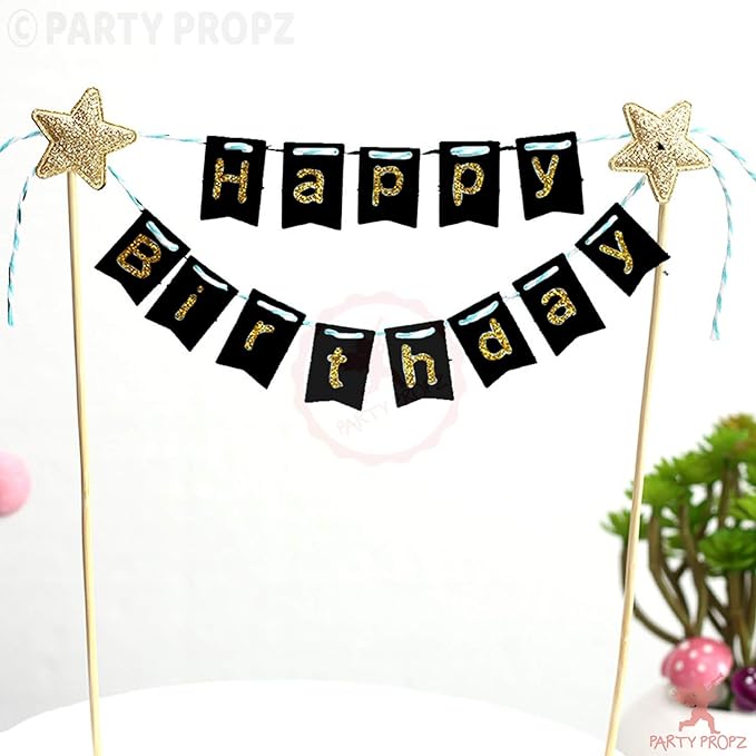 Party Propz Black Happy Birthday Cake Topper- with Golden Glitter Alphabets | Cake Toppers For Cake Decoration | Birthday Cake Toppers For Girls | happy birthday cake topper | birthday cake decoration
