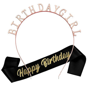 Party Propz Birthday Girl Sash And Crown - Set of 2 Birthday Girl Sash And Tiara | Rose Gold Crown For Birthday Girl | Black Happy Birthday Sash for Girls | Birthday Decoration Items for Girls, Women